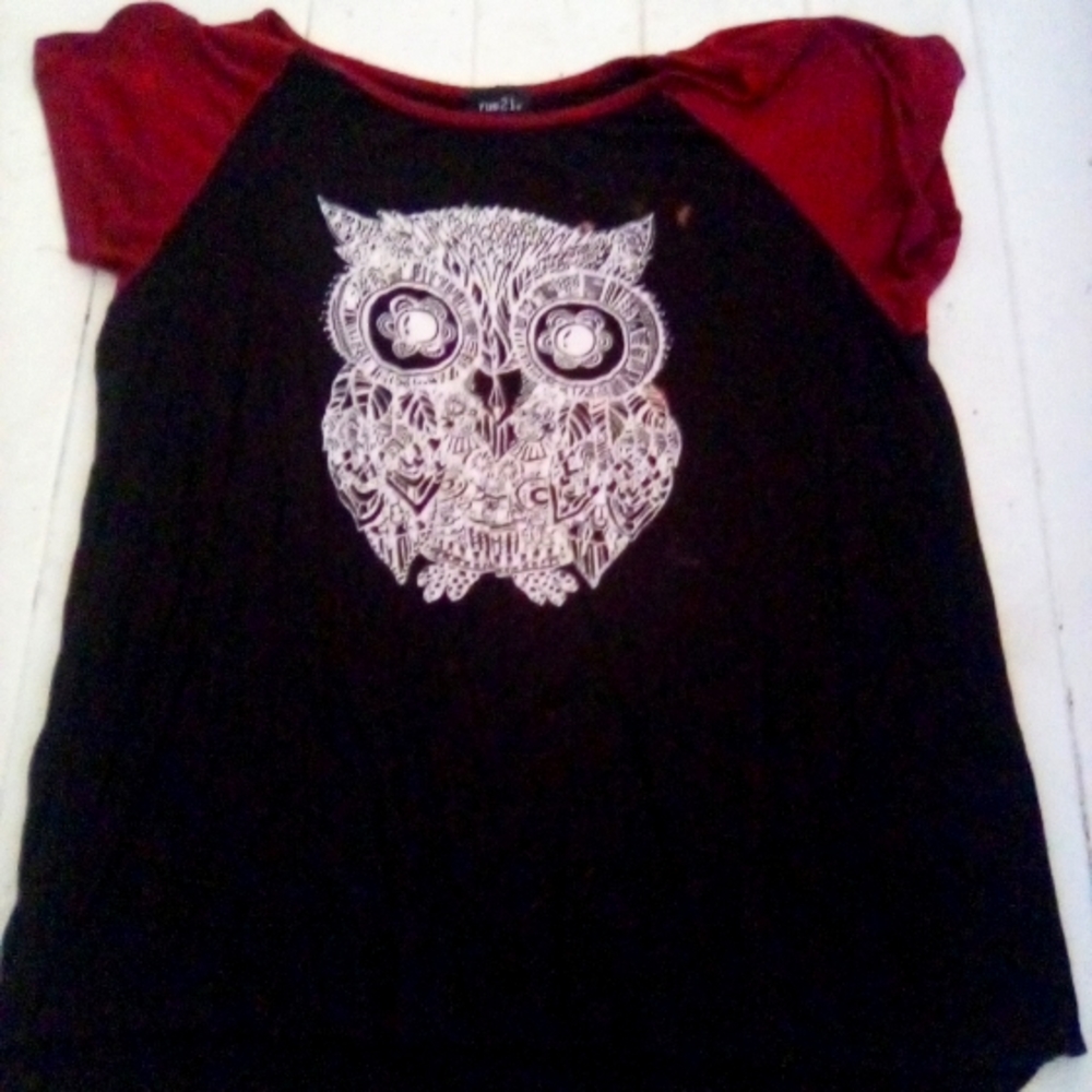 Rue 21 womens blouse Destroyed Discolored Moto Owll
